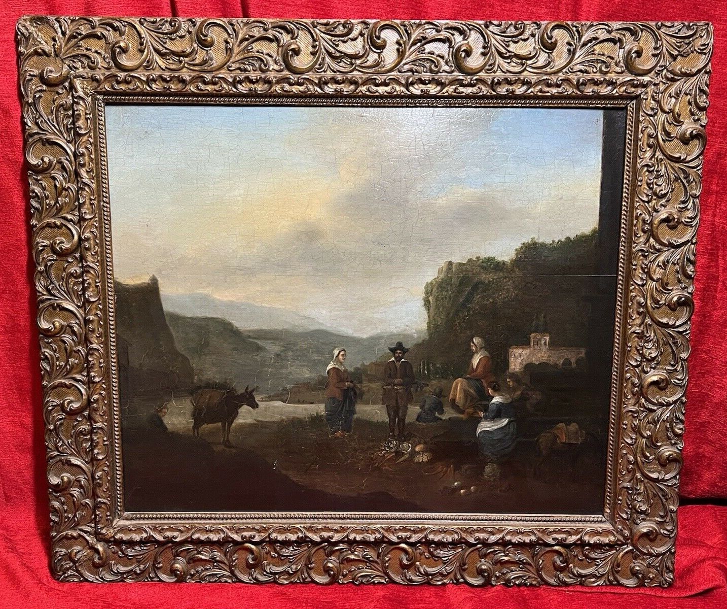 Dutch 18th Century Old Master Oil Painting 'Peasant Figures In Castle Landscape' photo furniture