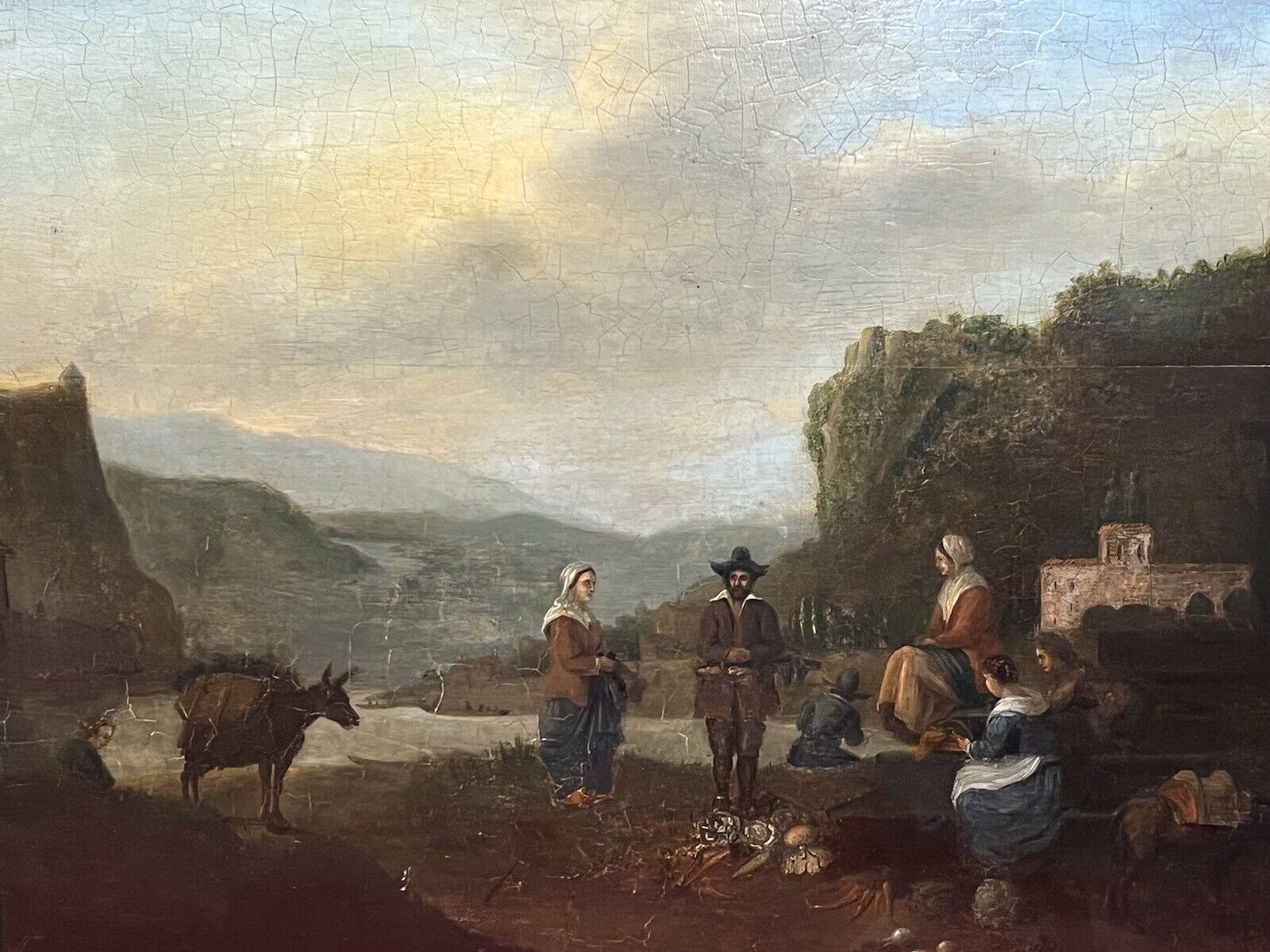 Dutch 18th Century Old Master Oil Painting 'Peasant Figures In Castle Landscape' photo 1375.0