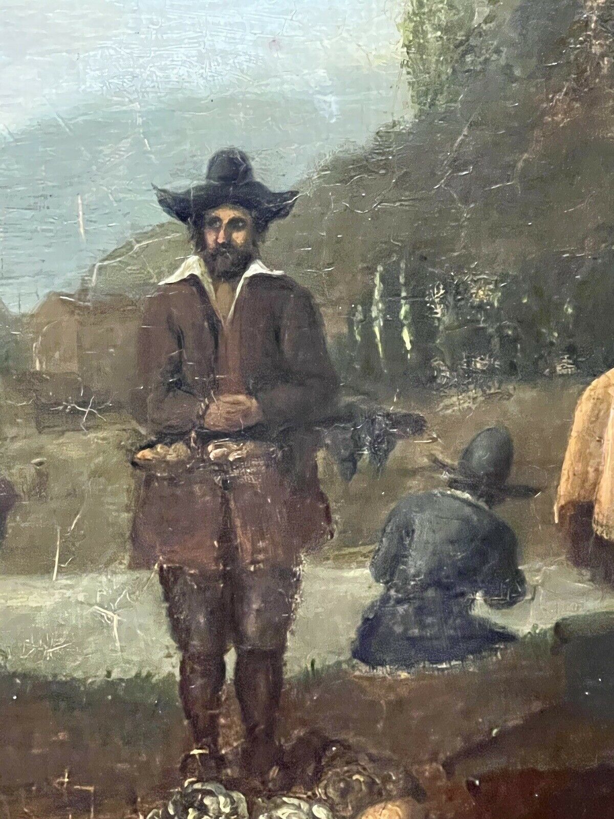 Dutch 18th Century Old Master Oil Painting 'Peasant Figures In Castle Landscape' photo vintage
