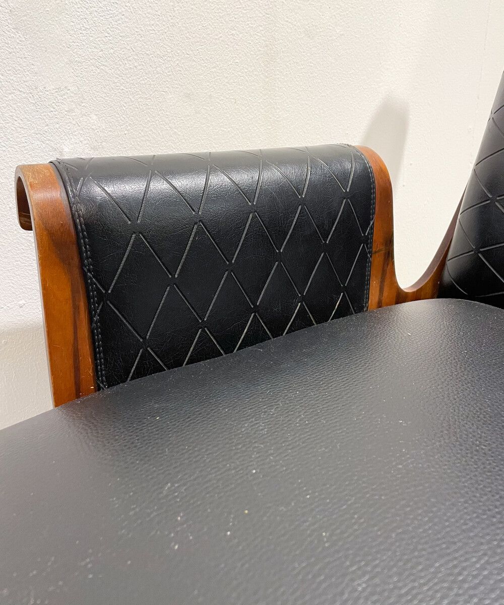 Pair Of Mid Century Modern Armchairs In Walnut & Vegan Leather photo vintage