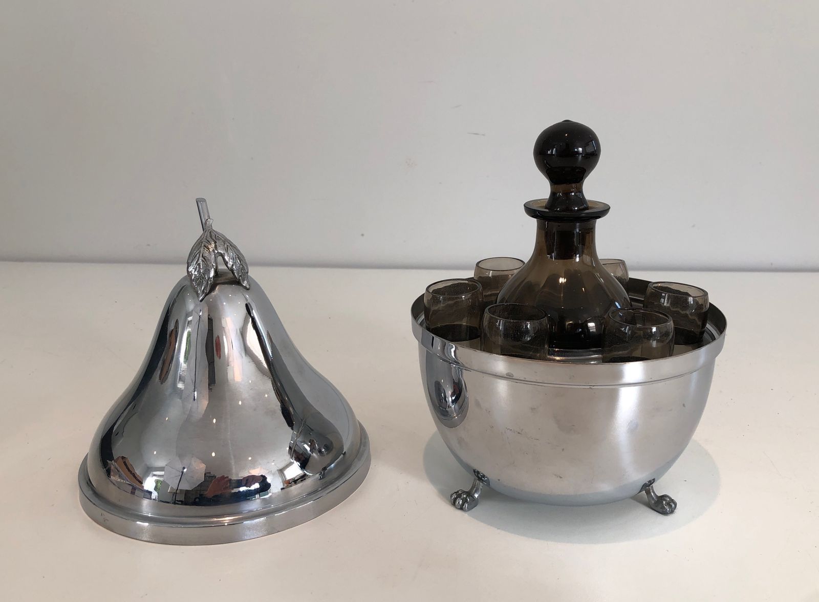 Pear Shaped Liquor Cellar In Silver Metal And Smoked Glass. French Work. Around 1970 photo for sale