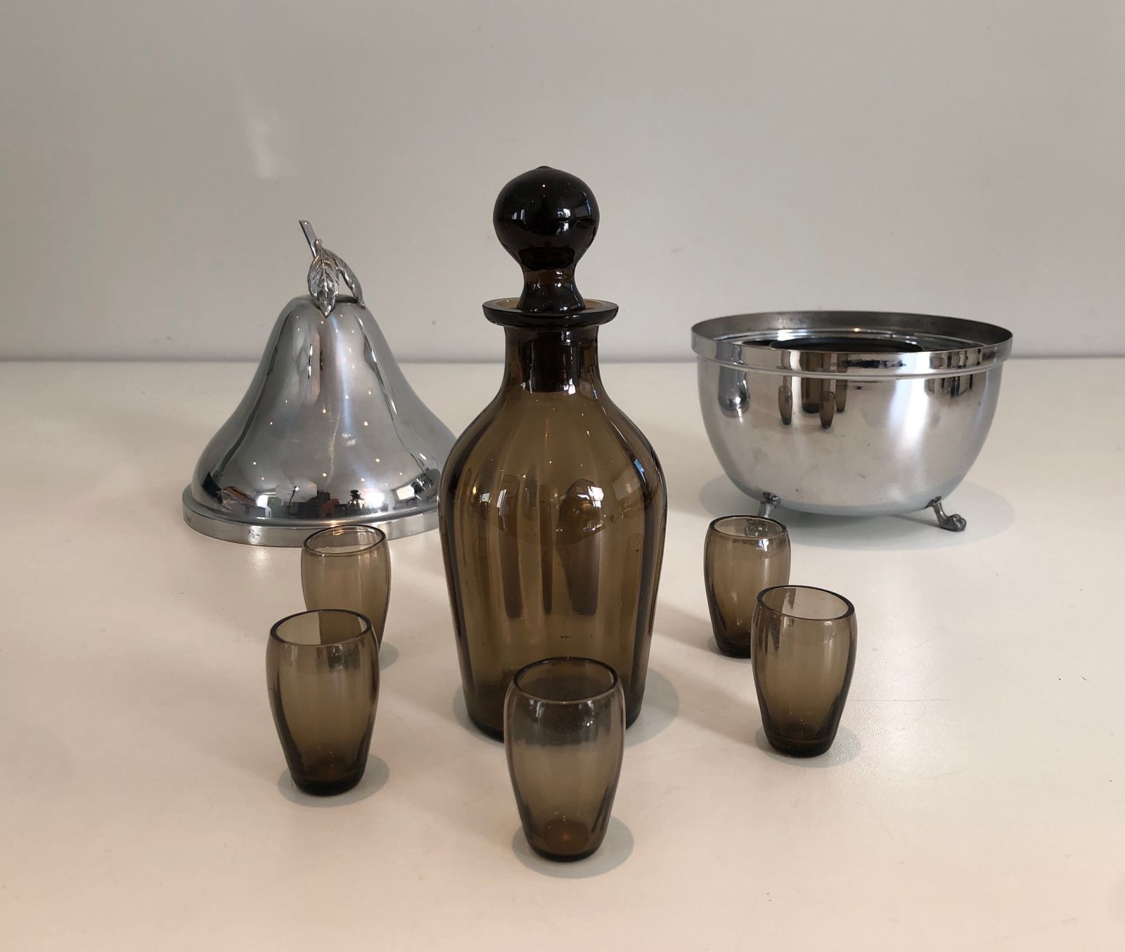 Pear Shaped Liquor Cellar In Silver Metal And Smoked Glass. French Work. Around 1970 photo vinterior