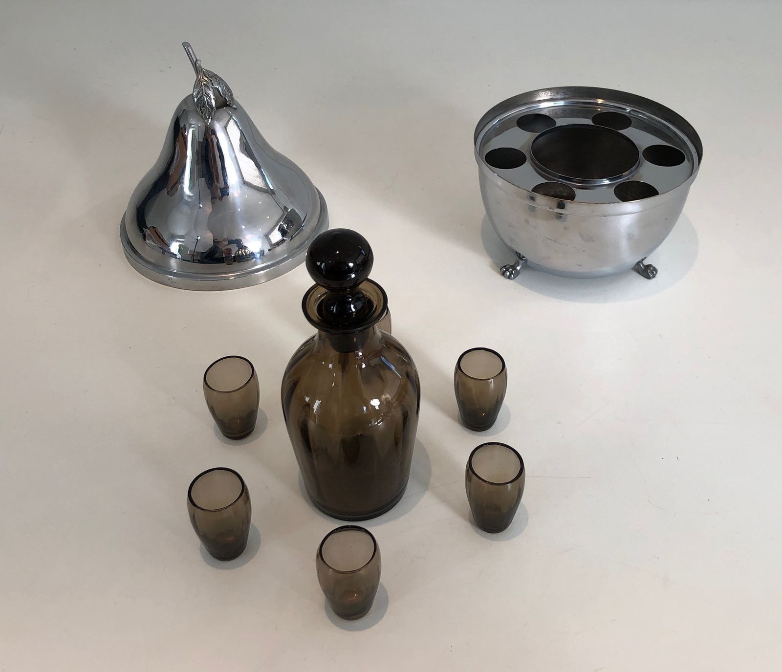 Pear Shaped Liquor Cellar In Silver Metal And Smoked Glass. French Work. Around 1970 photo buy