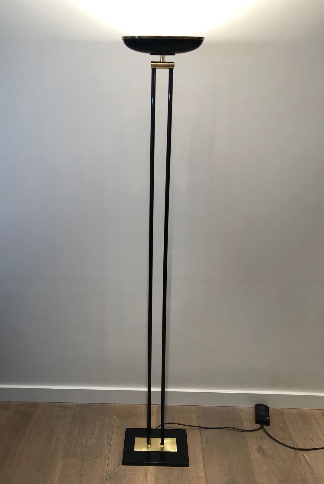 Halogen Parquet Floor Lamp In Black Lacquered Metal And Brass. French Work. Around 1970 photo furniture