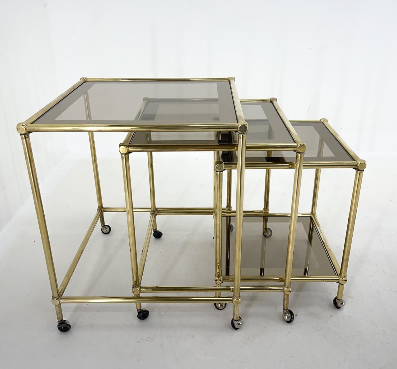 1970's Italian Brass & Smoked Glass Nesting Tables photo vinterior