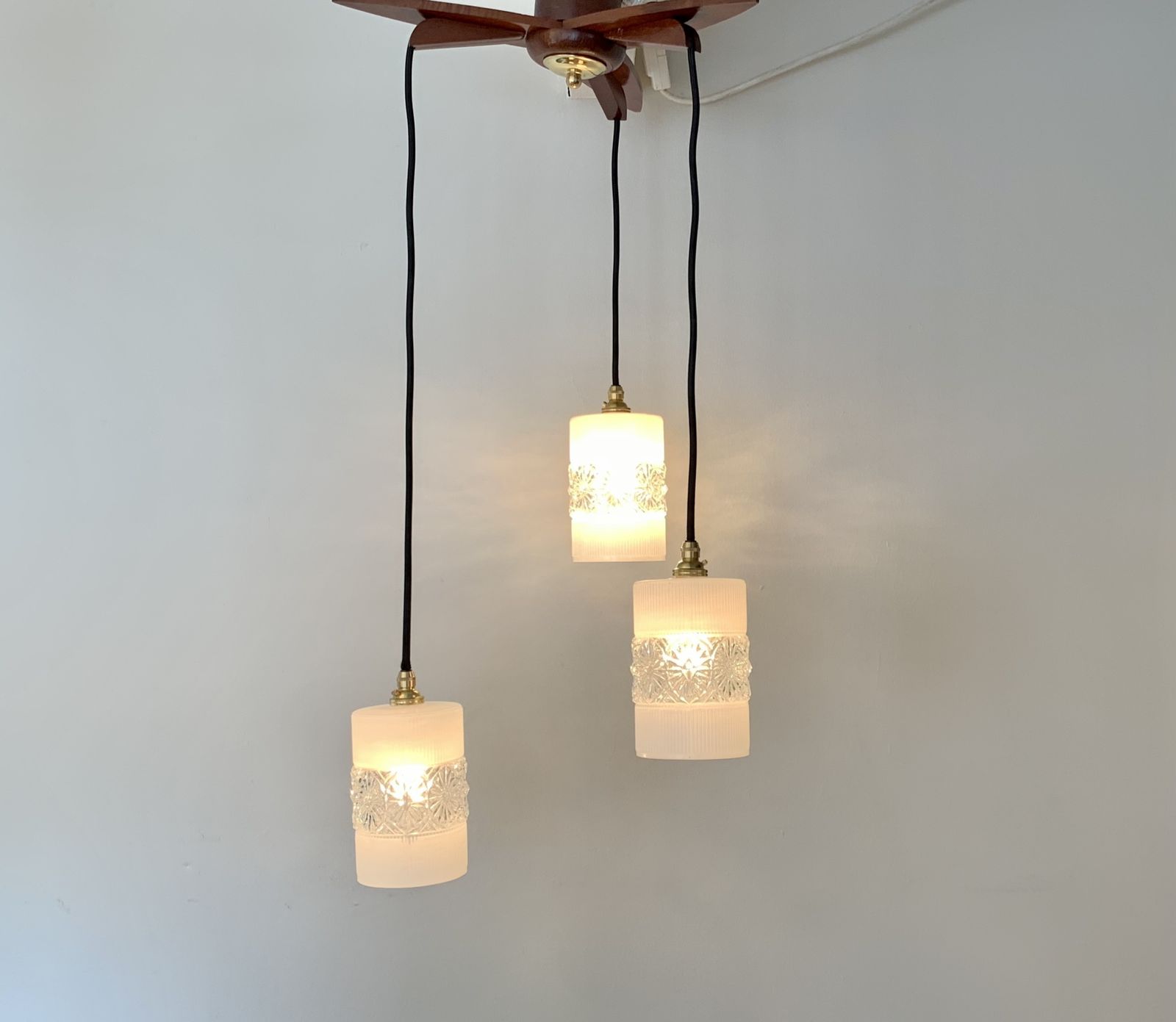 Lighting Mid Century Teak And Glass Cascade Chandelier C.1960's, Rewired And Ready To Be Placed. photo