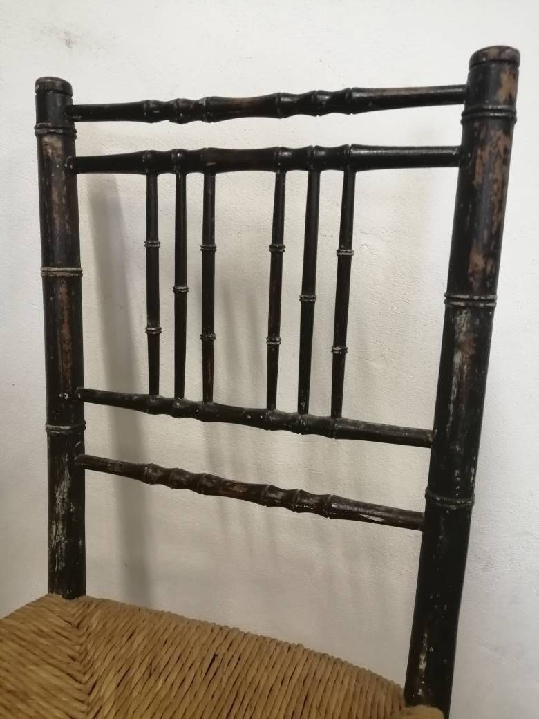 Vintage Faux Bamboo Chair With Rush Seat Ebonised photo for sale