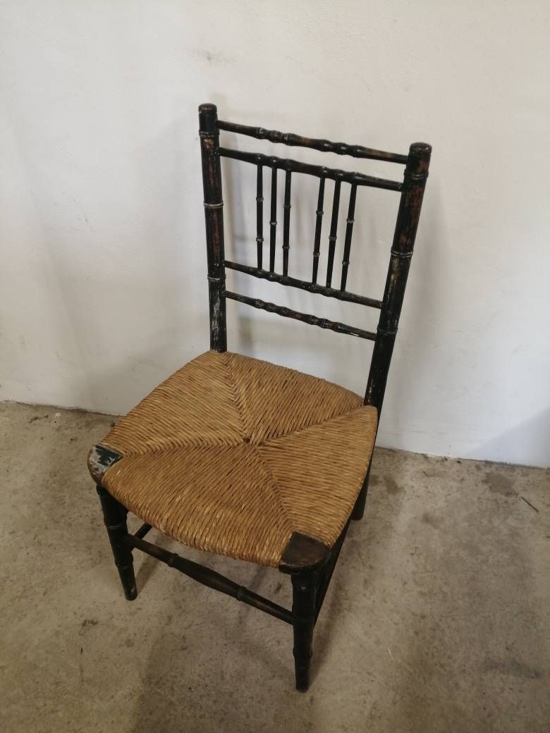 Vintage Faux Bamboo Chair With Rush Seat Ebonised photo Furniture