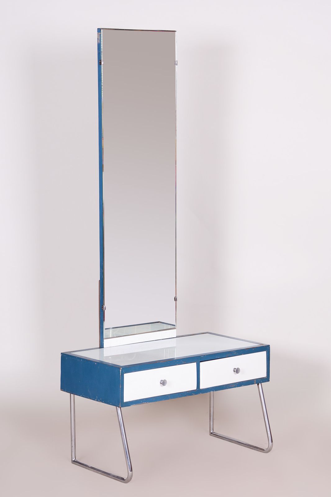 Blue And White Chrome Bauhaus Dressing Mirror, Made In 1930s, Czechia   Vichr A Spol.