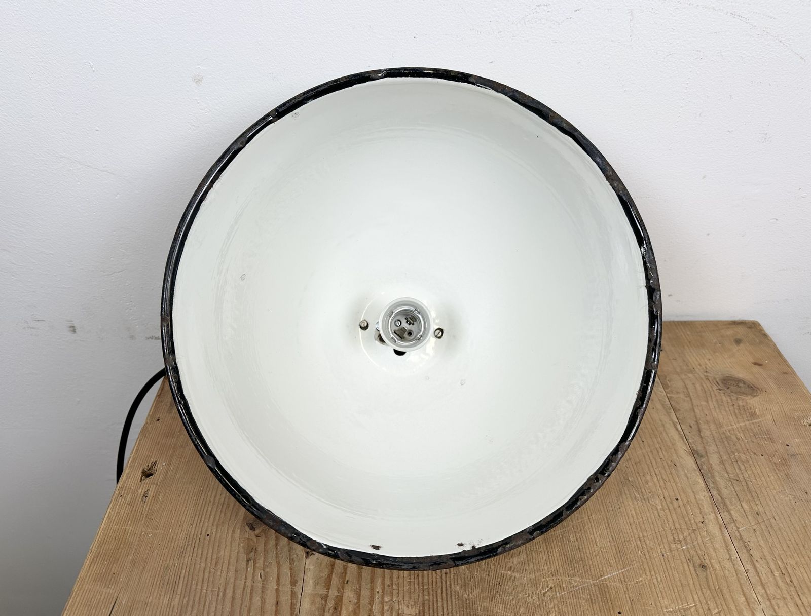 Industrial Grey Enamel Factory Lamp With Cast Iron Top, 1960s, 3x photo vinterior