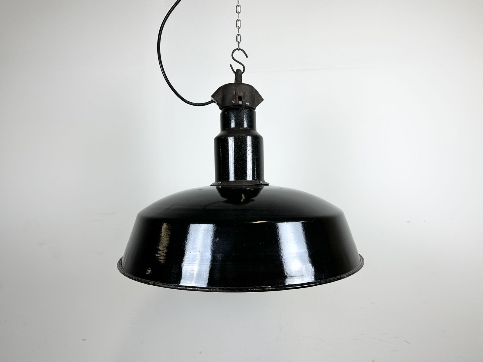 Lighting Industrial Midcentury Black Enamel Factory Lamp, 1950s, 2x photo