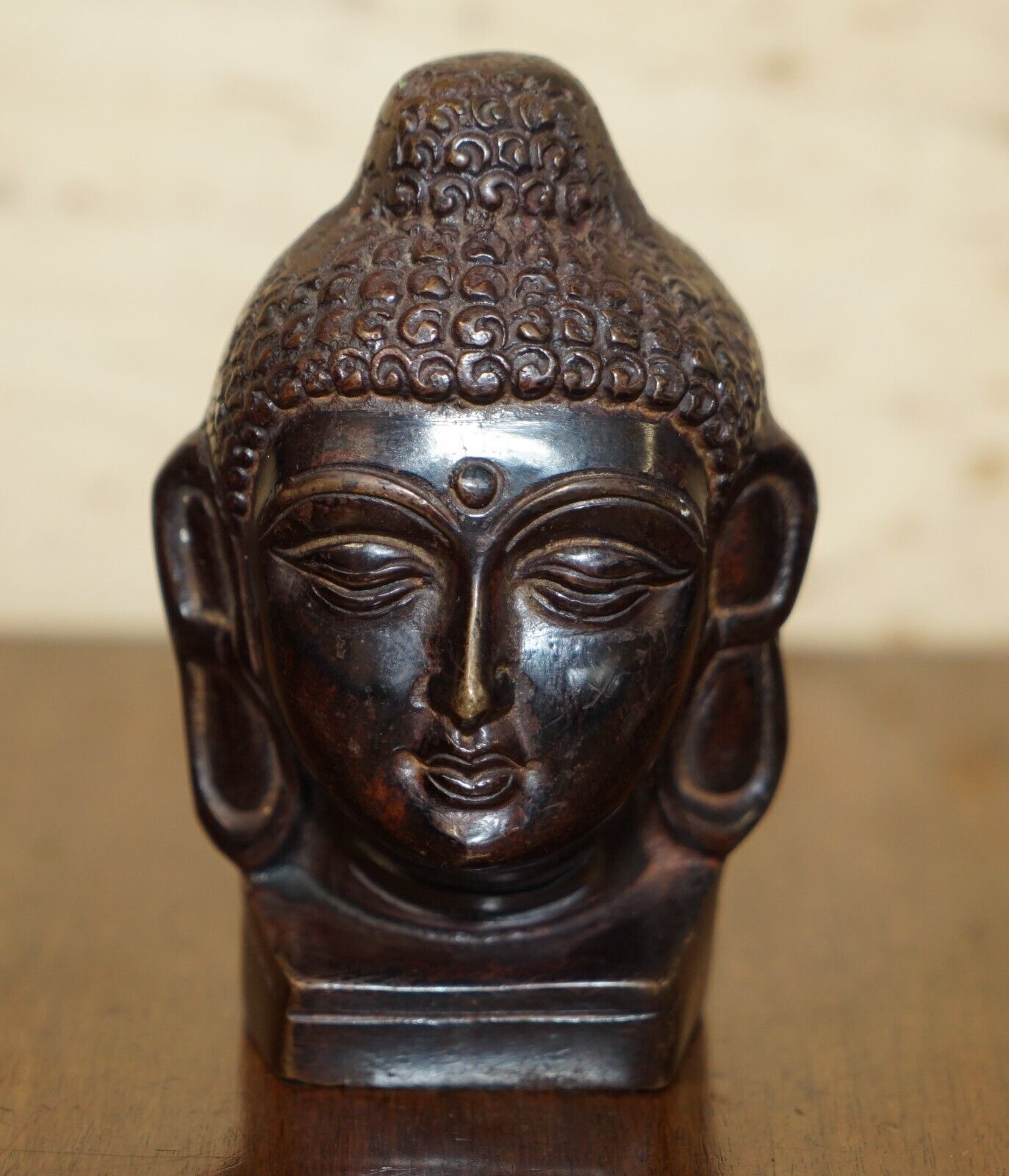 Lovely Pair Of Indonesian Bronzed Buddha Heads Very Decorative Lovely Patina photo for sale