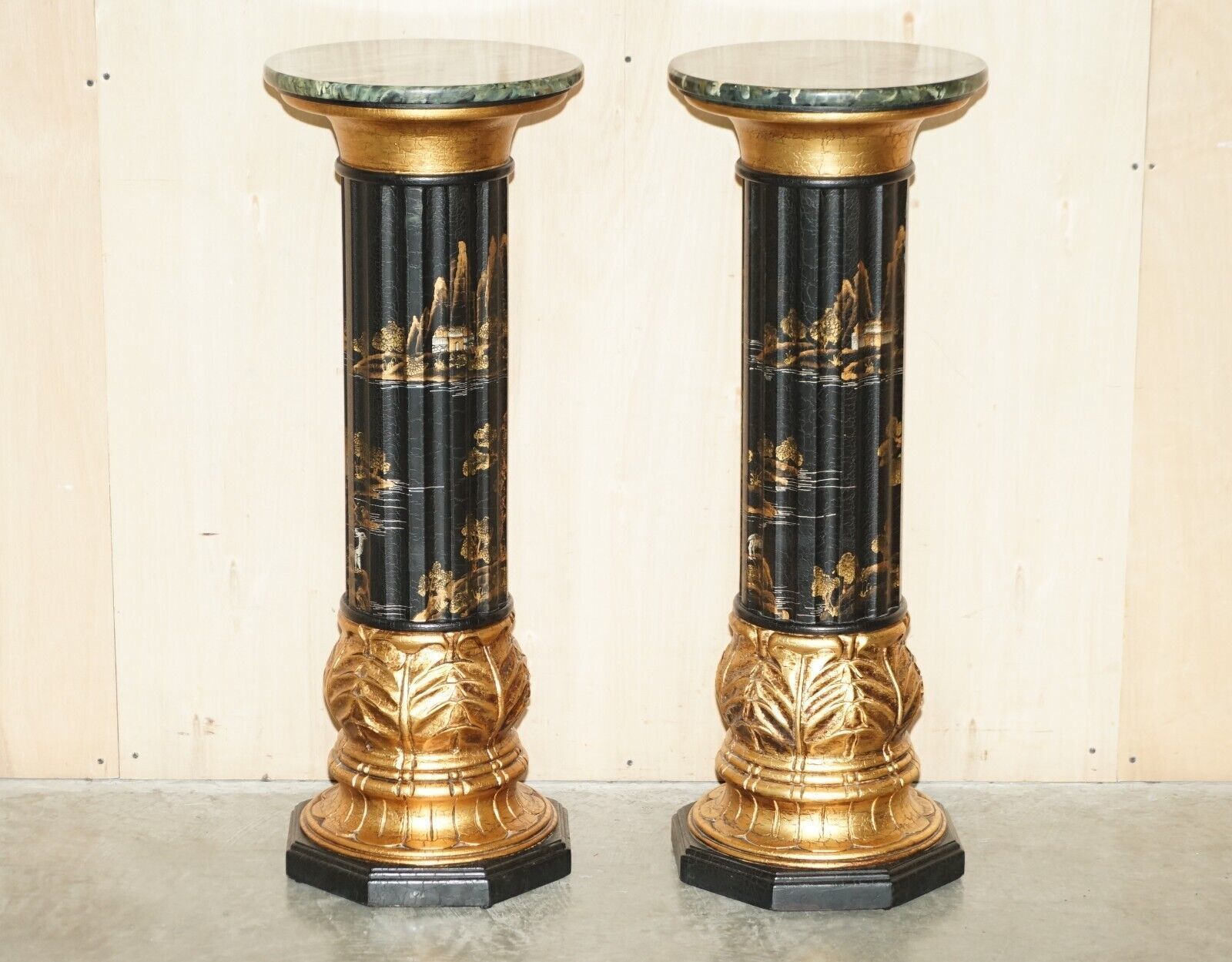 Pair Of Neoclassical Style Chinese Chinoiserie Lacquered Torcheres Columns
