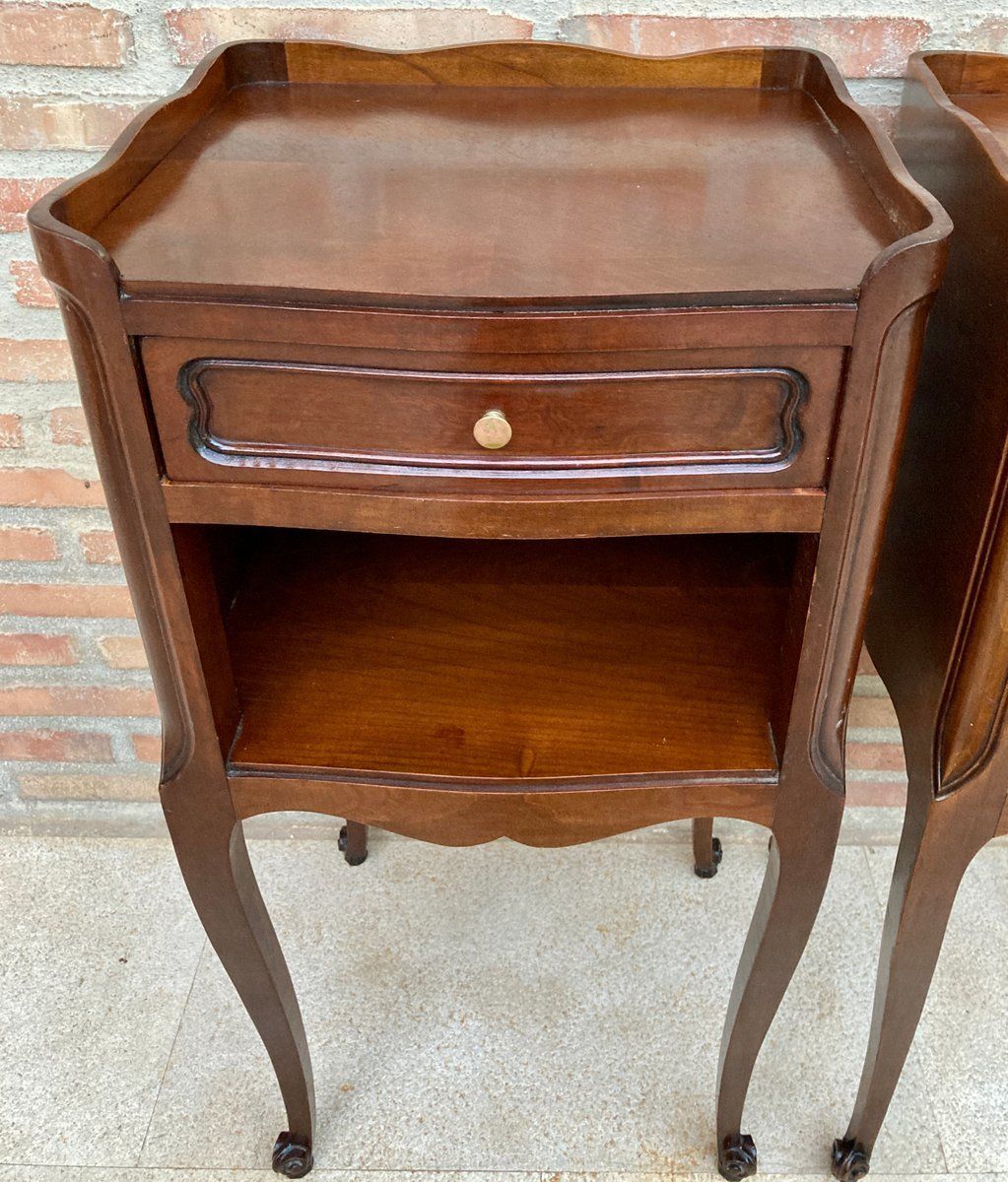 photo furniture French Walnut Nightstand With Drawers And Shelf, 1950s, Set Of 2