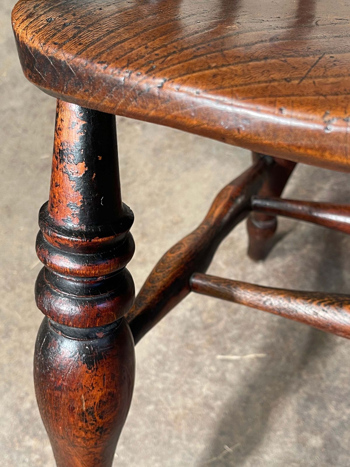 Exceptional Antique English Elm Captains Elbow/Desk Chair With Makers Initials & Original Oxidised Treacle Black/Red Paintwork Circa 1850 photo vinterior