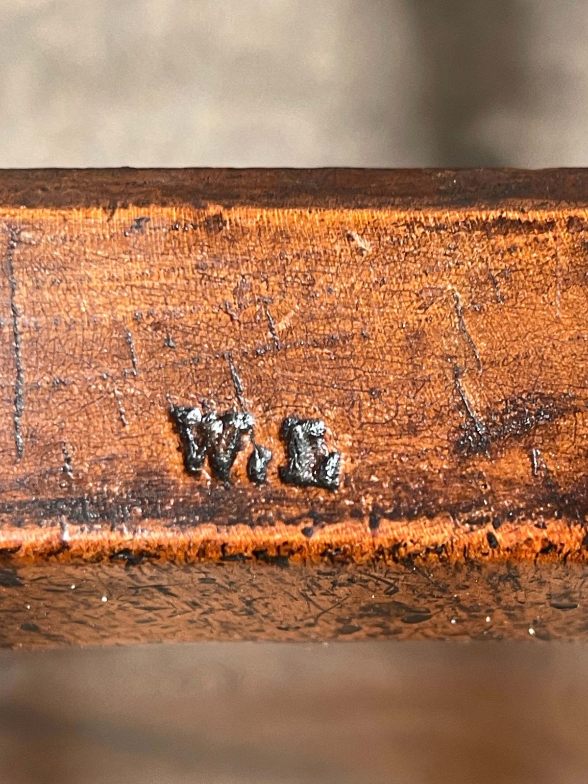 Exceptional Antique English Elm Captains Elbow/Desk Chair With Makers Initials & Original Oxidised Treacle Black/Red Paintwork Circa 1850 photo vintage