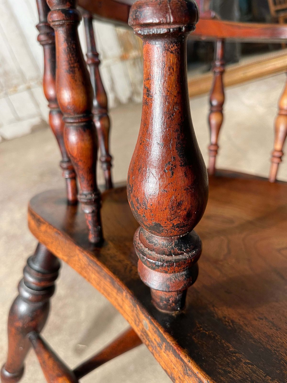 photo vinterior Exceptional Antique English Elm Captains Elbow/Desk Chair With Makers Initials & Original Oxidised Treacle Black/Red Paintwork Circa 1850