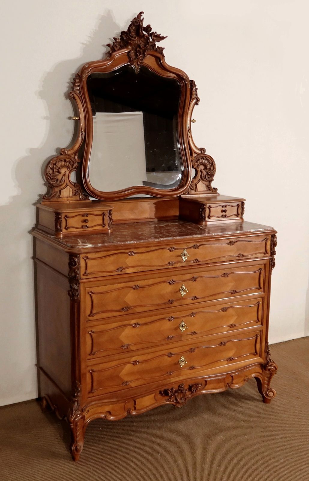 Walnut Psyche Chest Of Drawers, Maison Guinand Leglas, Rocaille Style – 1900 photo furniture