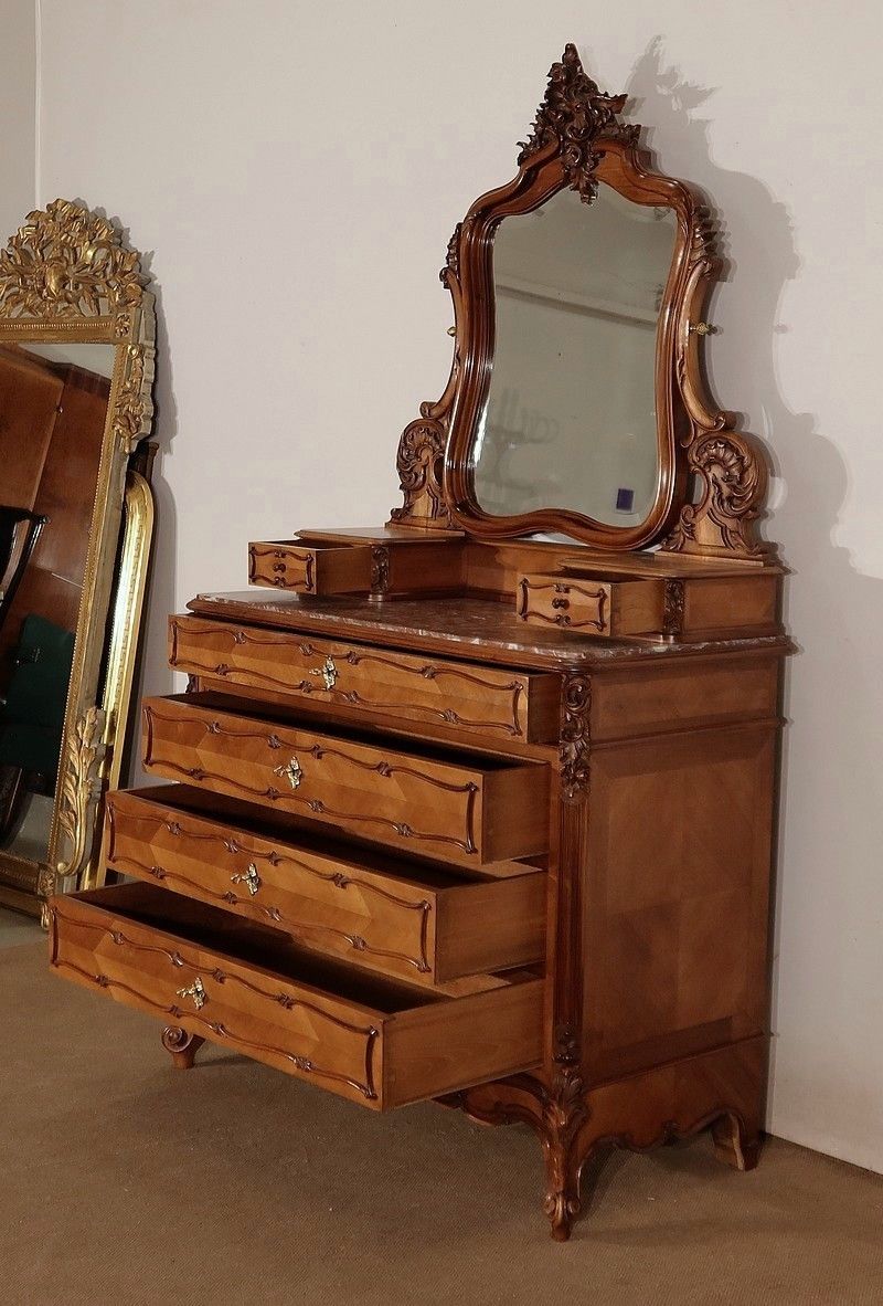 Walnut Psyche Chest Of Drawers, Maison Guinand Leglas, Rocaille Style – 1900 photo Furniture