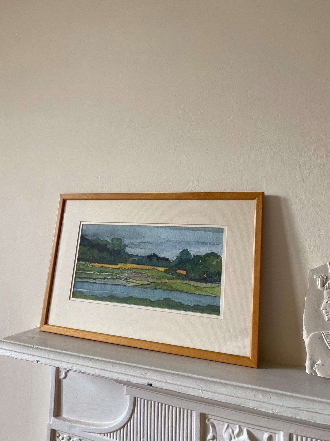 1970s Landscape Watercolour Painting In Blues & Greens, Original Vintage Artwork Of Lakeside Woodland Scene Glazed And Framed In Solid Wood photo vintage