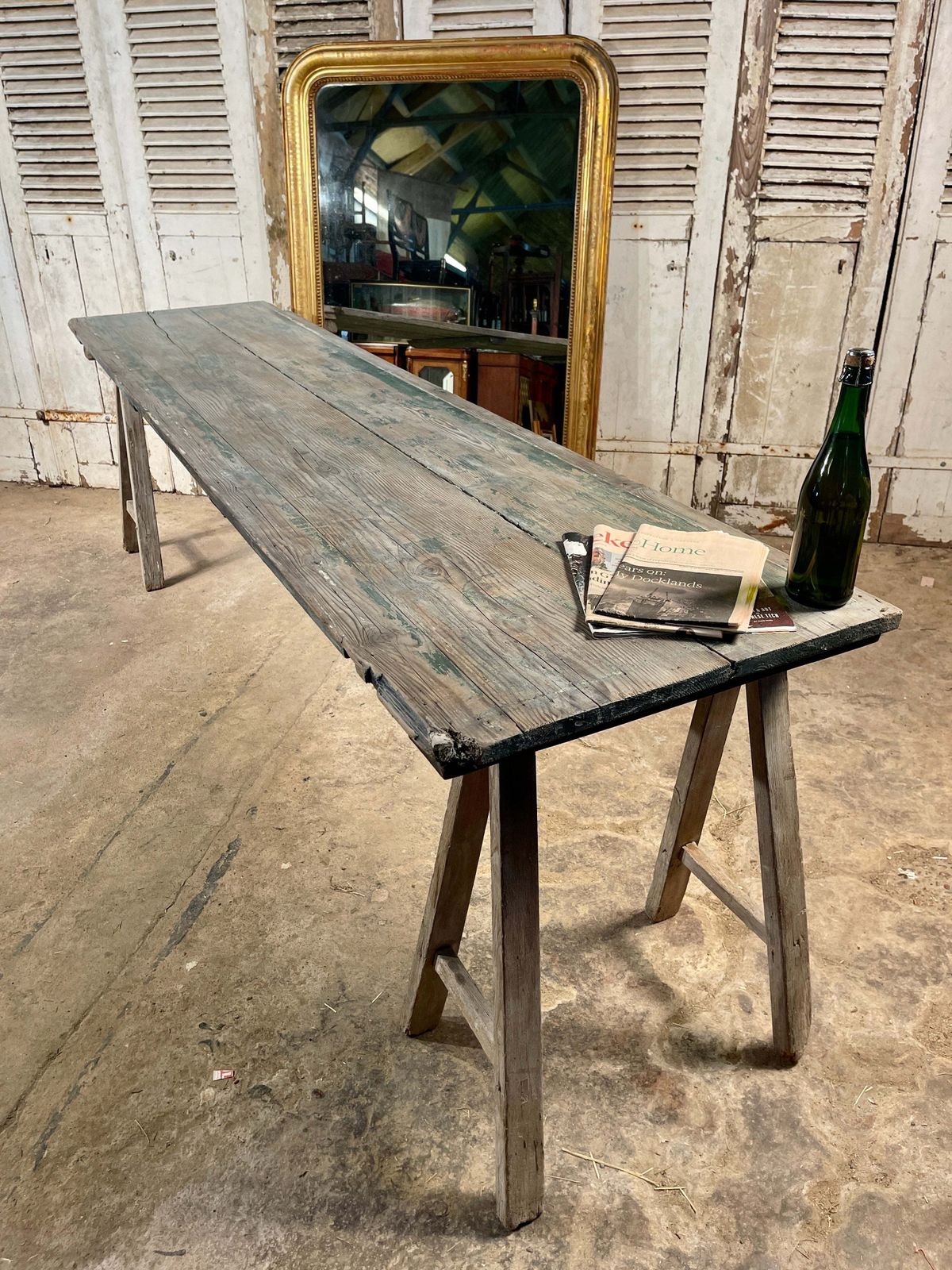 photo for sale Fabulous Large 2.6 Metre Antique French Limed Oak “A” Frame Provincial Vendange Wine/Tavern Tasting Table Circa 1890