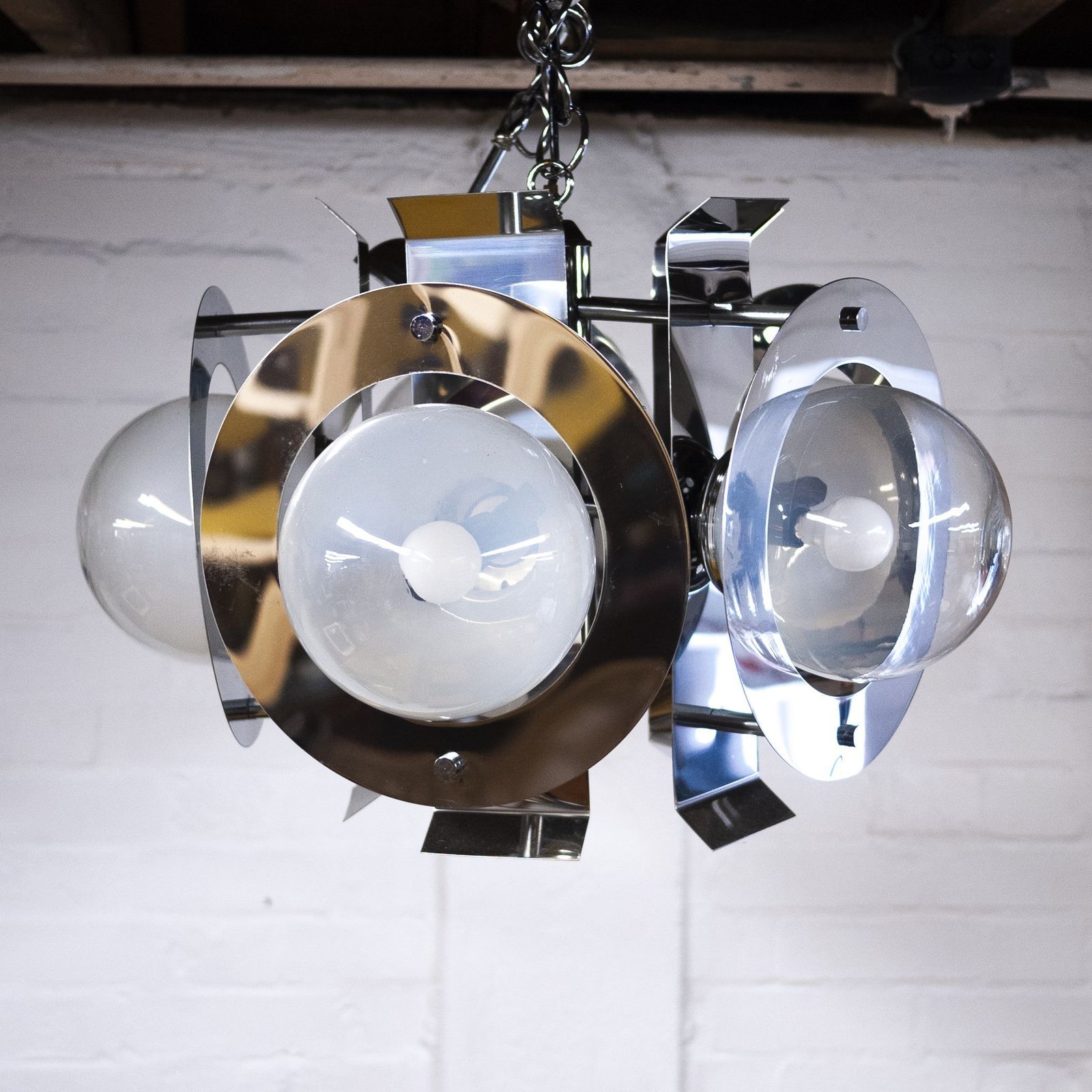 Vintage Geometric Chrome And Glass Chandelier By A.V. Mazzega, 1970s photo for sale