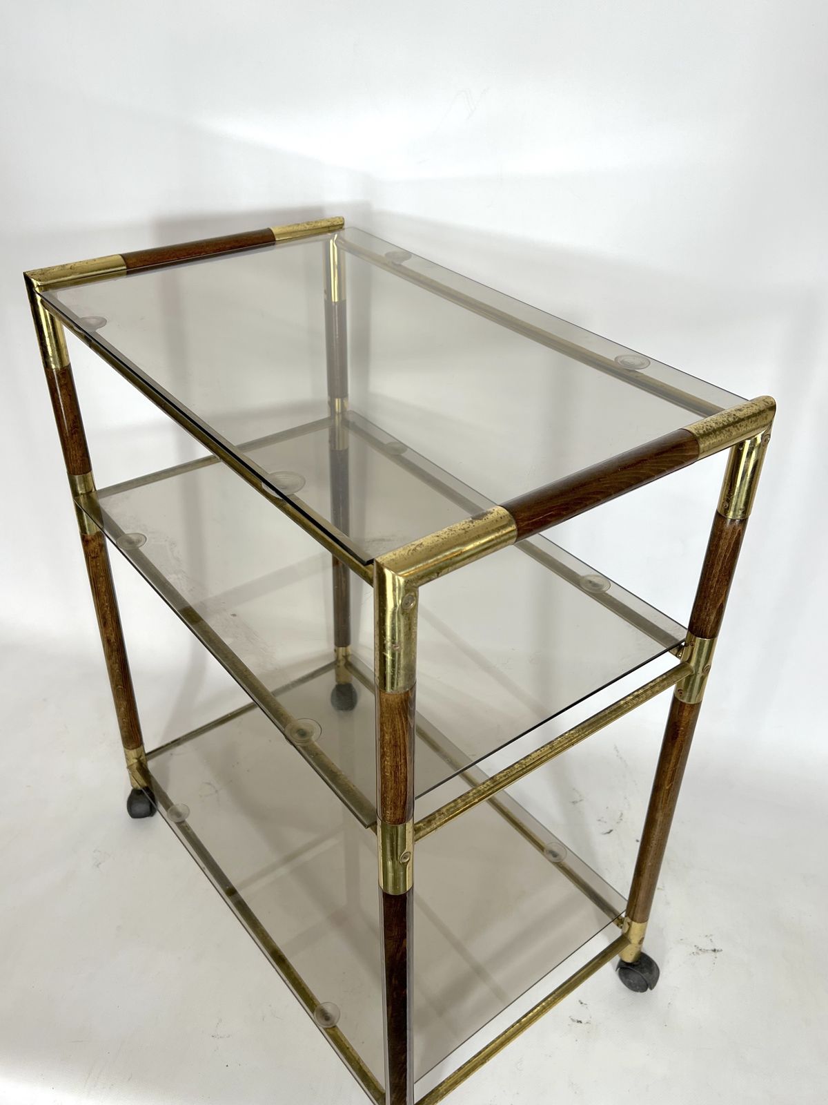 photo for sale Vintage Italian Three Shelves Brass And Wood Trolley Or Bar Cart By Tommaso Barbi. 1970s