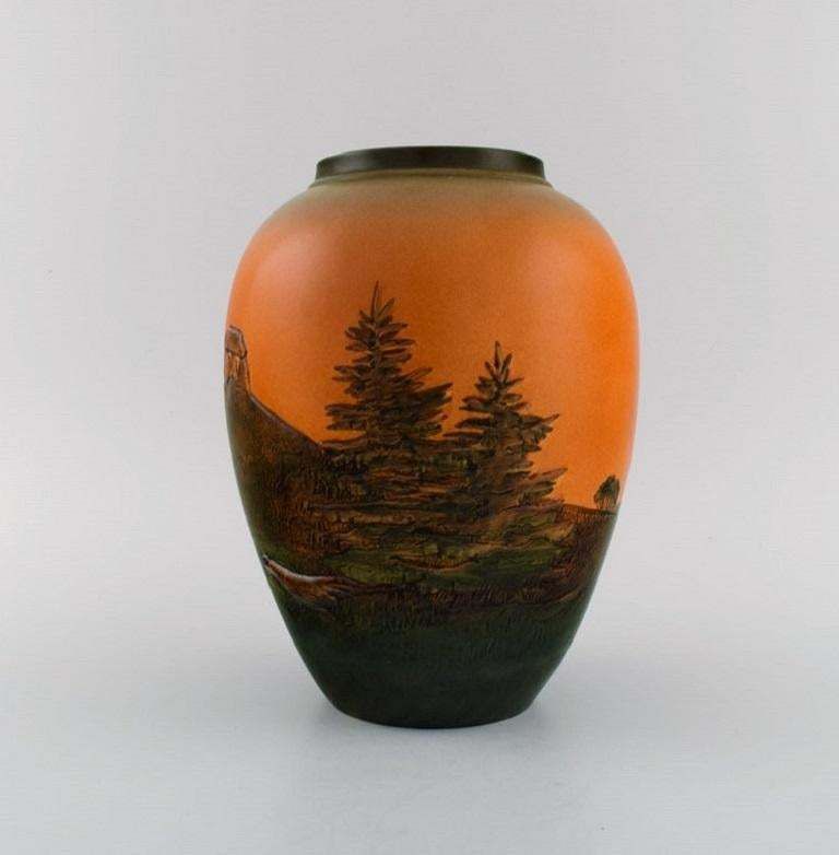 Ipsen's Denmark Vase In Glazed Ceramics Hand Painted Landscape 1920s/30s photo furniture