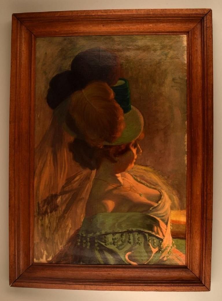 Henry Bouvet (1859 1945), French Artist. Oil On Canvas. Lady With Feathered Hat.