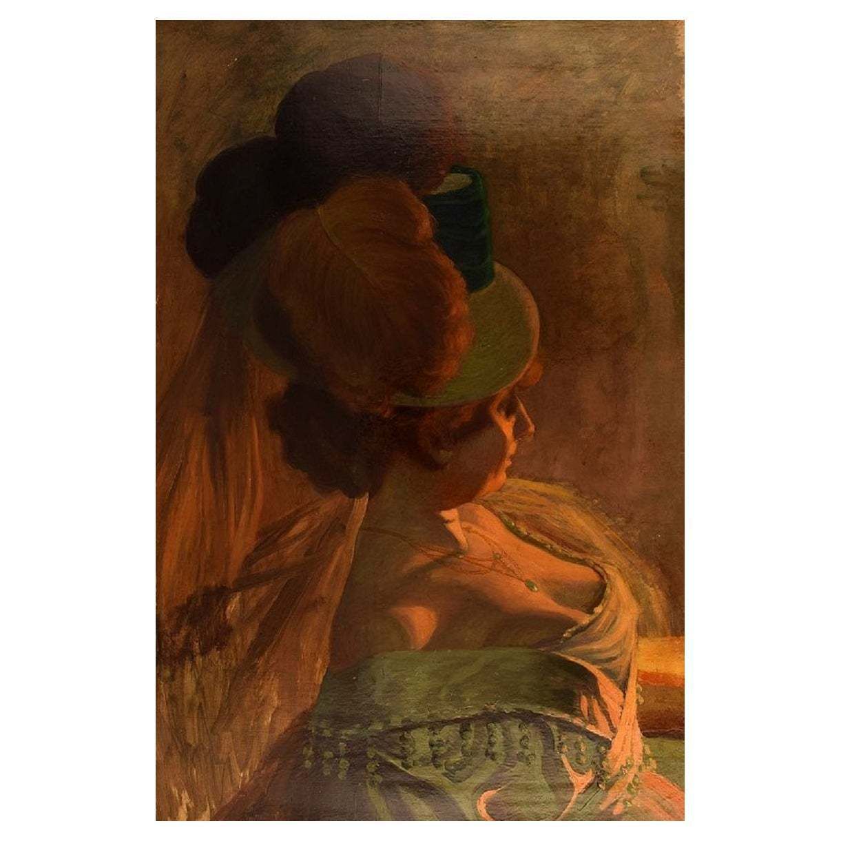 Henry Bouvet (1859 1945), French Artist. Oil On Canvas. Lady With Feathered Hat. photo vintage