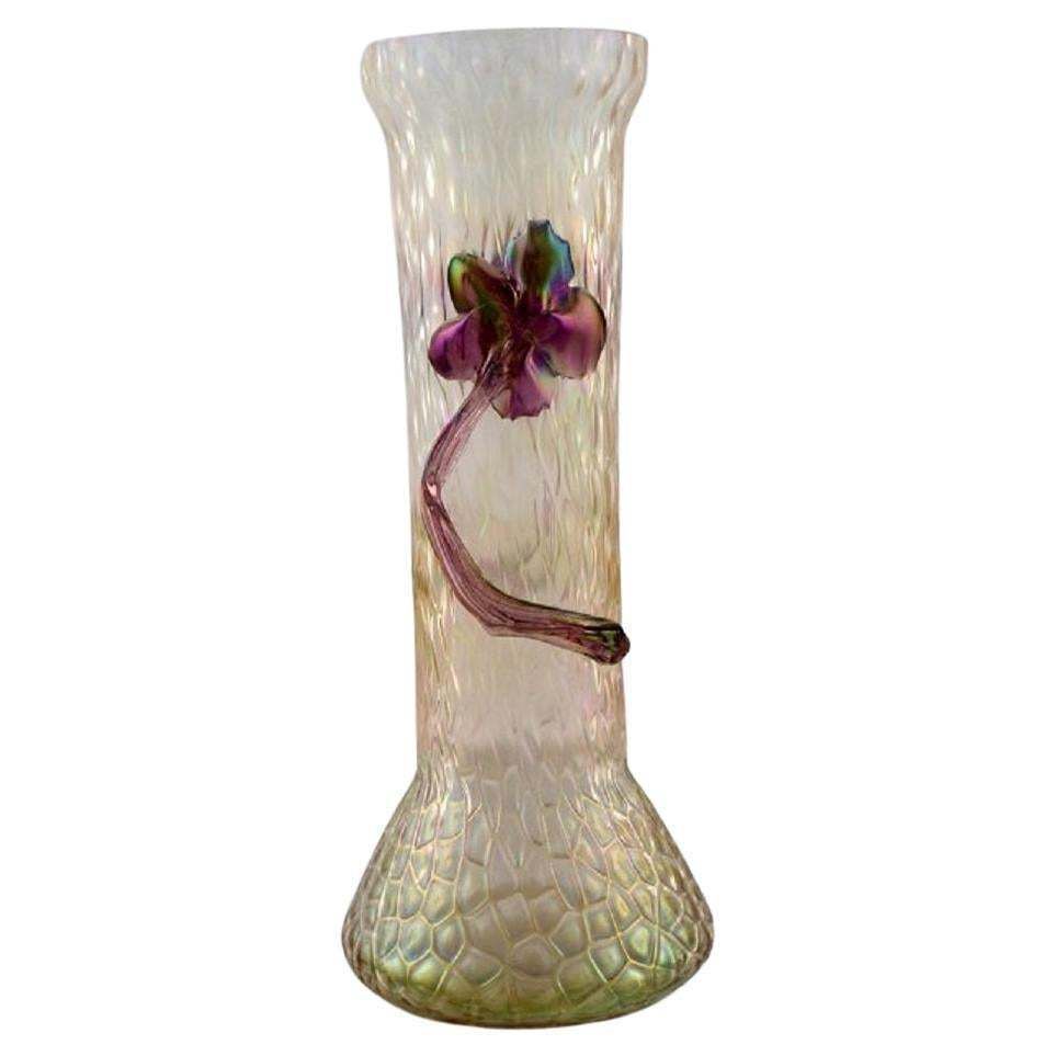 Lötz Art Nouveau Vase In Frosted Mouth Blown Art Glass With Purple Flowers photo buy
