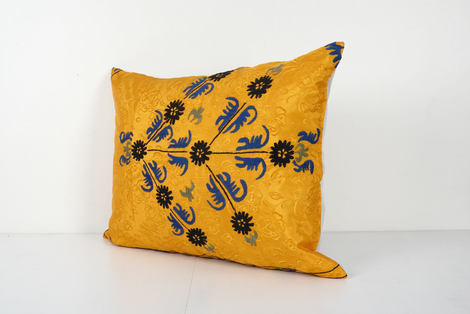 Suzani Yellow Pillow Fashioned From Uzbek Textile   Square Embroidered Pillow Cover   Boho Ethnic Cushion Cover 22'' X 30'' photo for sale