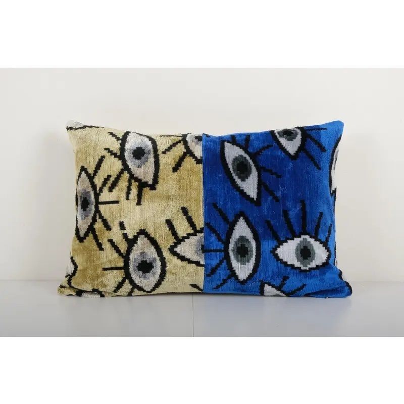 Ikat Yellow And Blue Eye Pillow Cover   Silk Patchwork Velvet Lumbar Pillow Cover   Velvet Ikat Pillow 16'' X 24''
