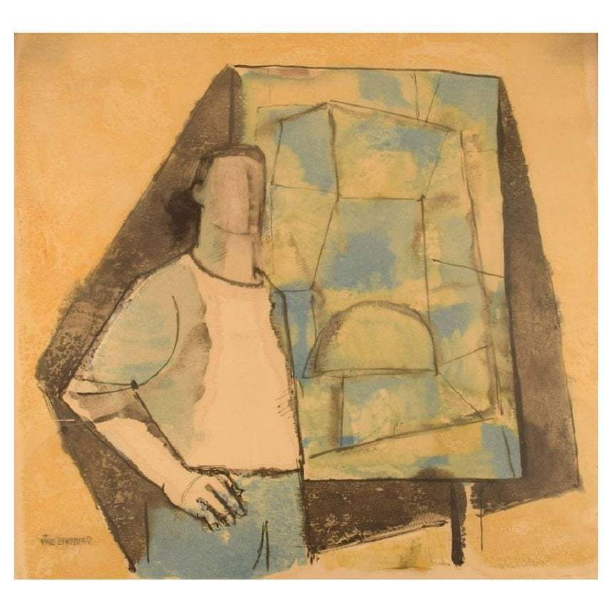 Pär Lindblad, Swedish Artist. Watercolor On Paper. Composition With Figure.