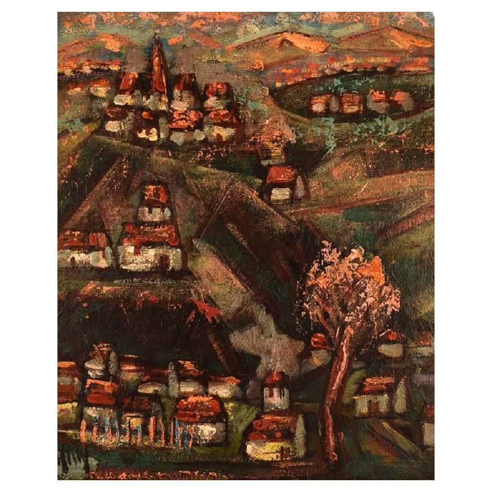 Henri D'anty, France, Oil On Board, Modernist Landscape With Houses