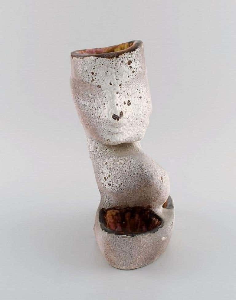 Vallauris, France. Sculptural Unique Vase In Glazed Stoneware, 1980s photo for sale