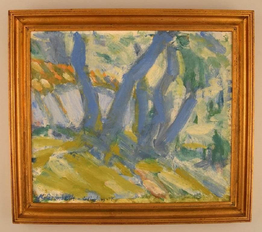Niels Grønbech '1907 1991', Danish Painter, Oil On Board, Modernist Landscape photo furniture