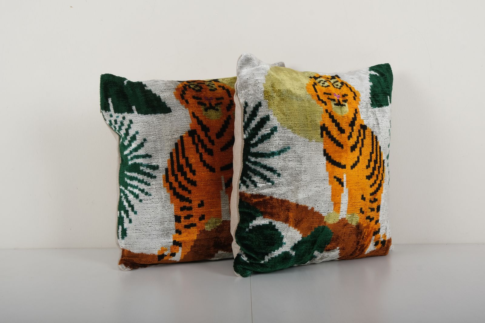 Square Tiger Ikat Velvet Pillow, Pair Animal Silk Cushion Cover, Set Boho Pillowcase 16'' X 16'' photo furniture