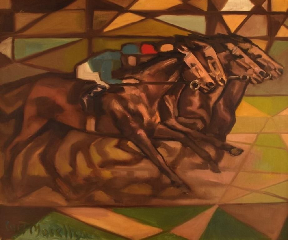 Curt Macell Listed Swedish Artist Oil On Canvas Jockeys On Horseback photo vintage
