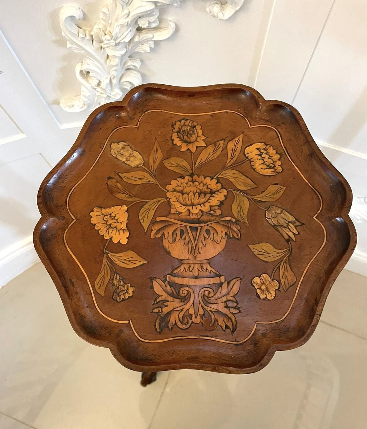 Antique 19th Century Quality Walnut Floral Marquetry Inlaid Candle Stand photo for sale