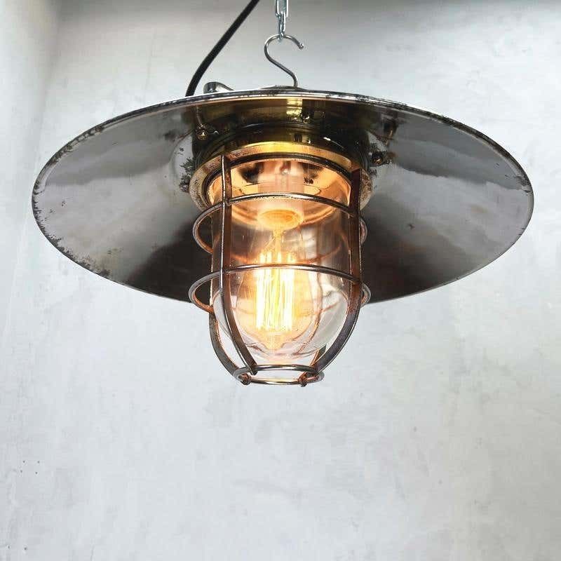 1980's Japanese Cast Steel Explosion Proof Pendant, Cage & Glass Shade, Large photo furniture