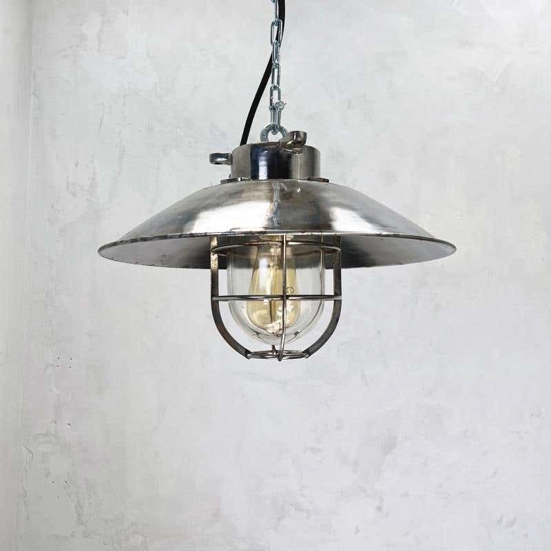 1980's Japanese Cast Steel Explosion Proof Pendant, Cage & Glass Shade, Large photo vinterior