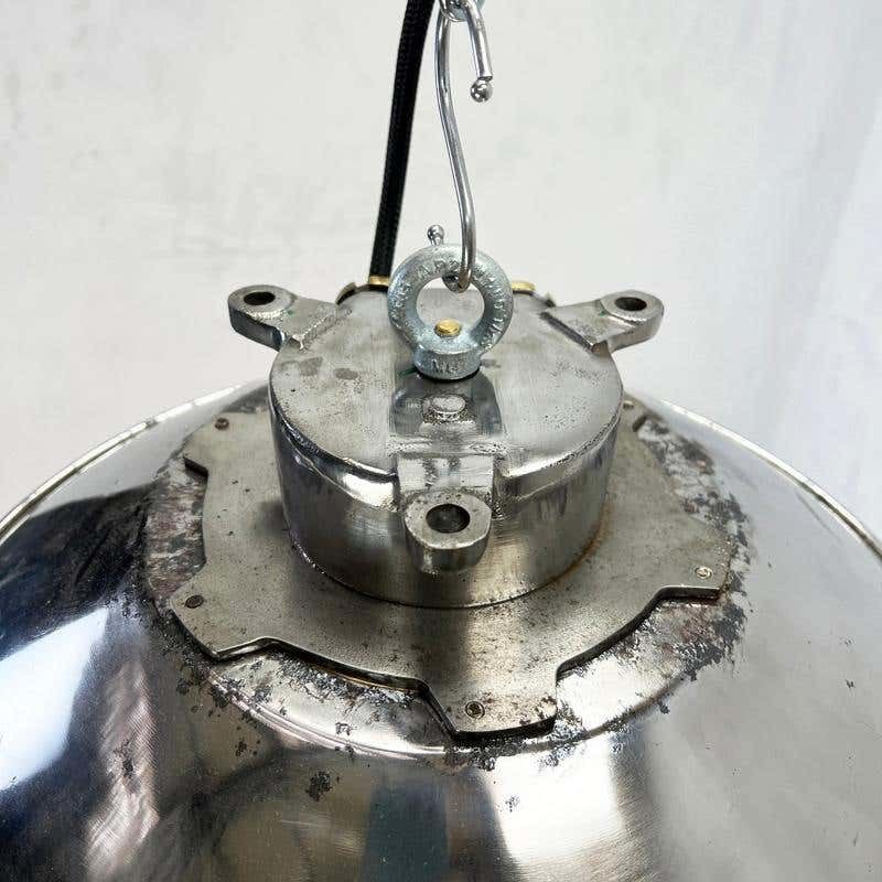 photo furniture 1980's Japanese Cast Steel Explosion Proof Pendant, Cage & Glass Shade, Large