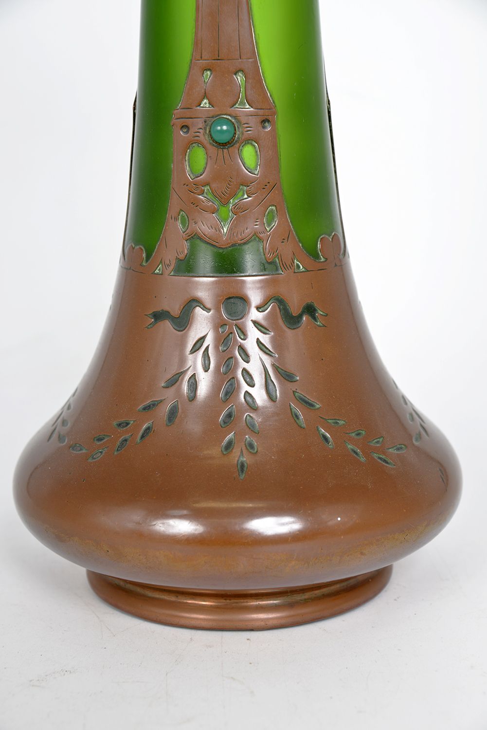 photo vinterior Large Bohemian Jugendstil Art Nouveau Austrian Secessionist Glass Copper Overlay Vase Centrepiece