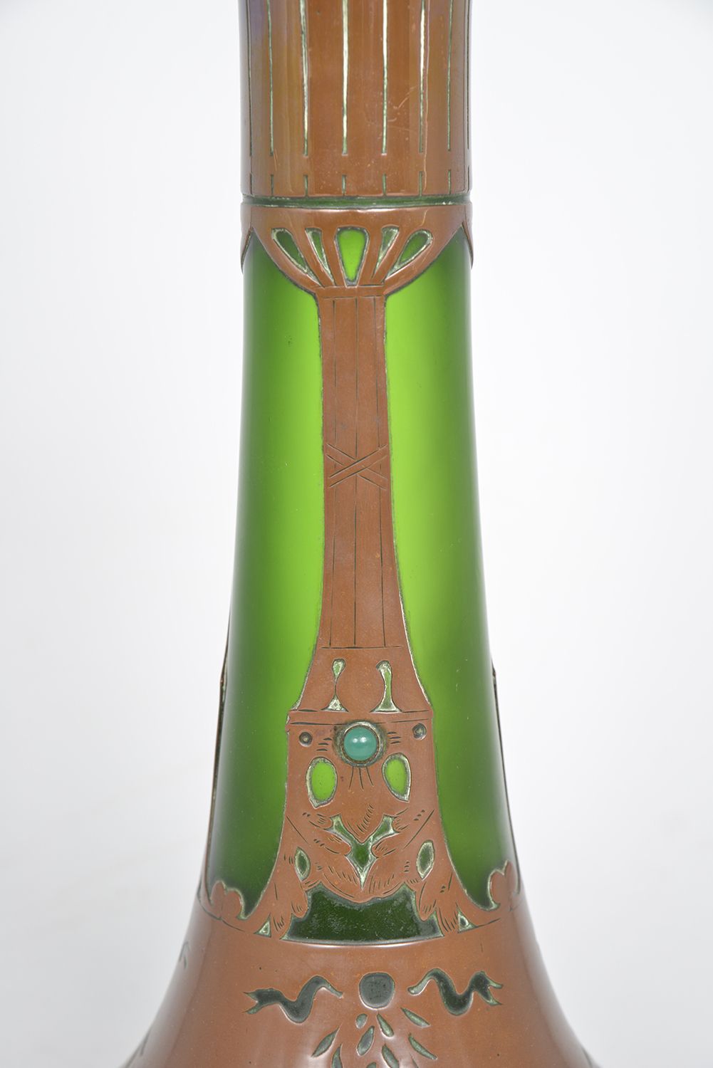 Large Bohemian Jugendstil Art Nouveau Austrian Secessionist Glass Copper Overlay Vase Centrepiece photo 595.0