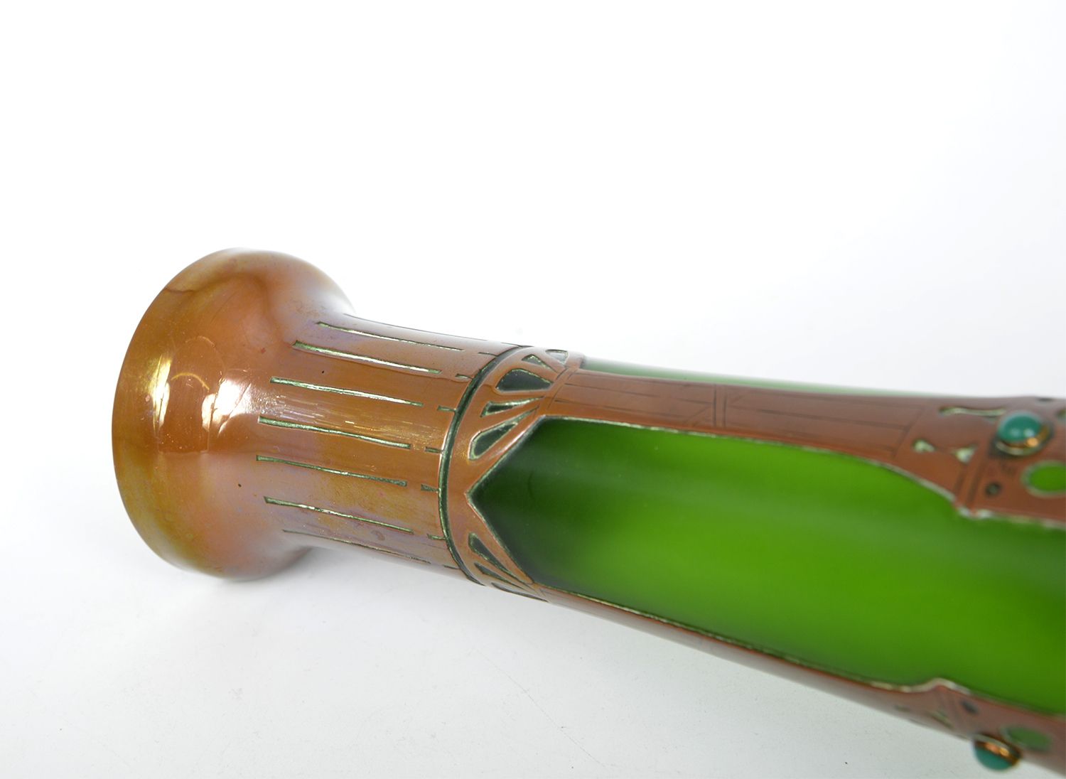 Large Bohemian Jugendstil Art Nouveau Austrian Secessionist Glass Copper Overlay Vase Centrepiece photo vintage