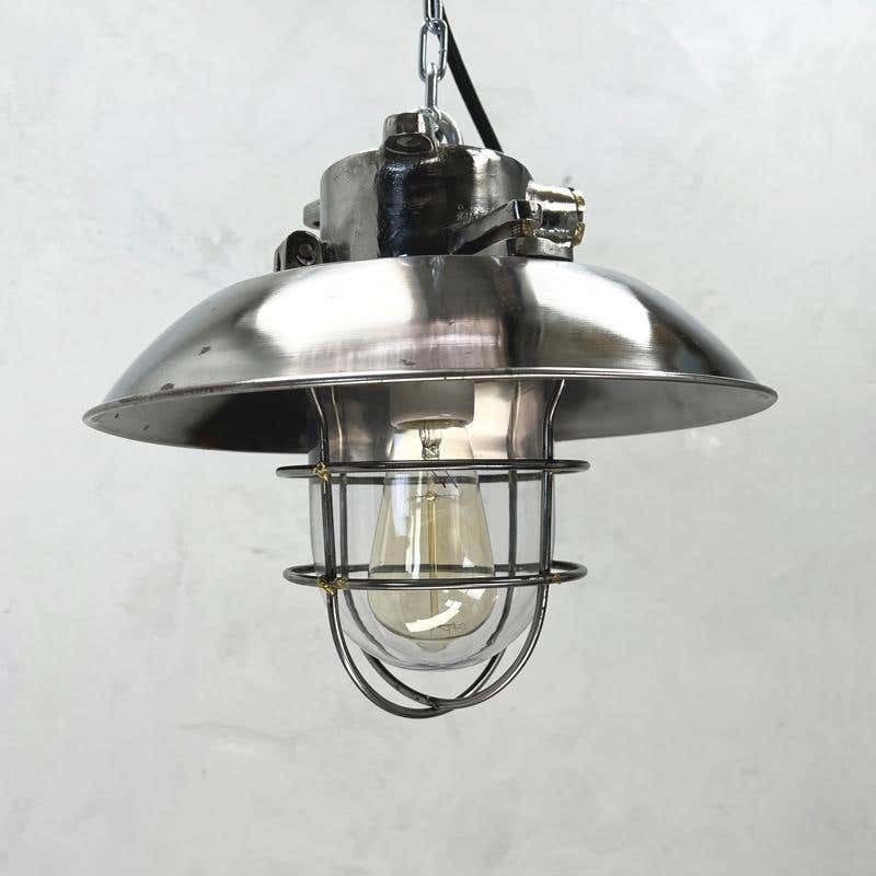 1980's Japanese Cast Steel Explosion Proof Pendant, Cage & Glass Shade photo furniture