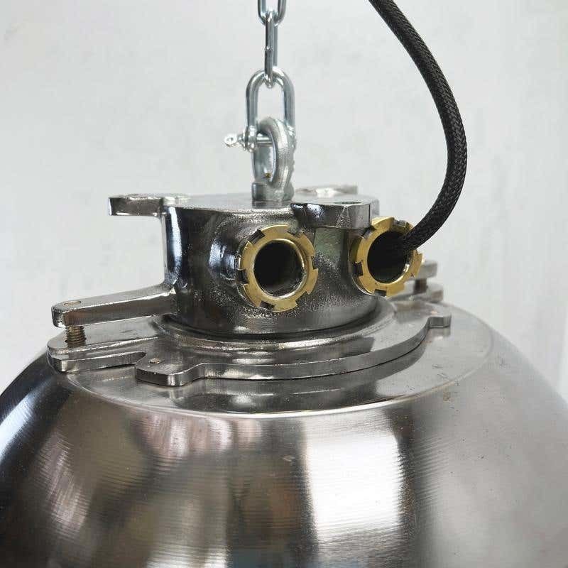 1980's Japanese Cast Steel Explosion Proof Pendant, Cage & Glass Shade photo Lighting