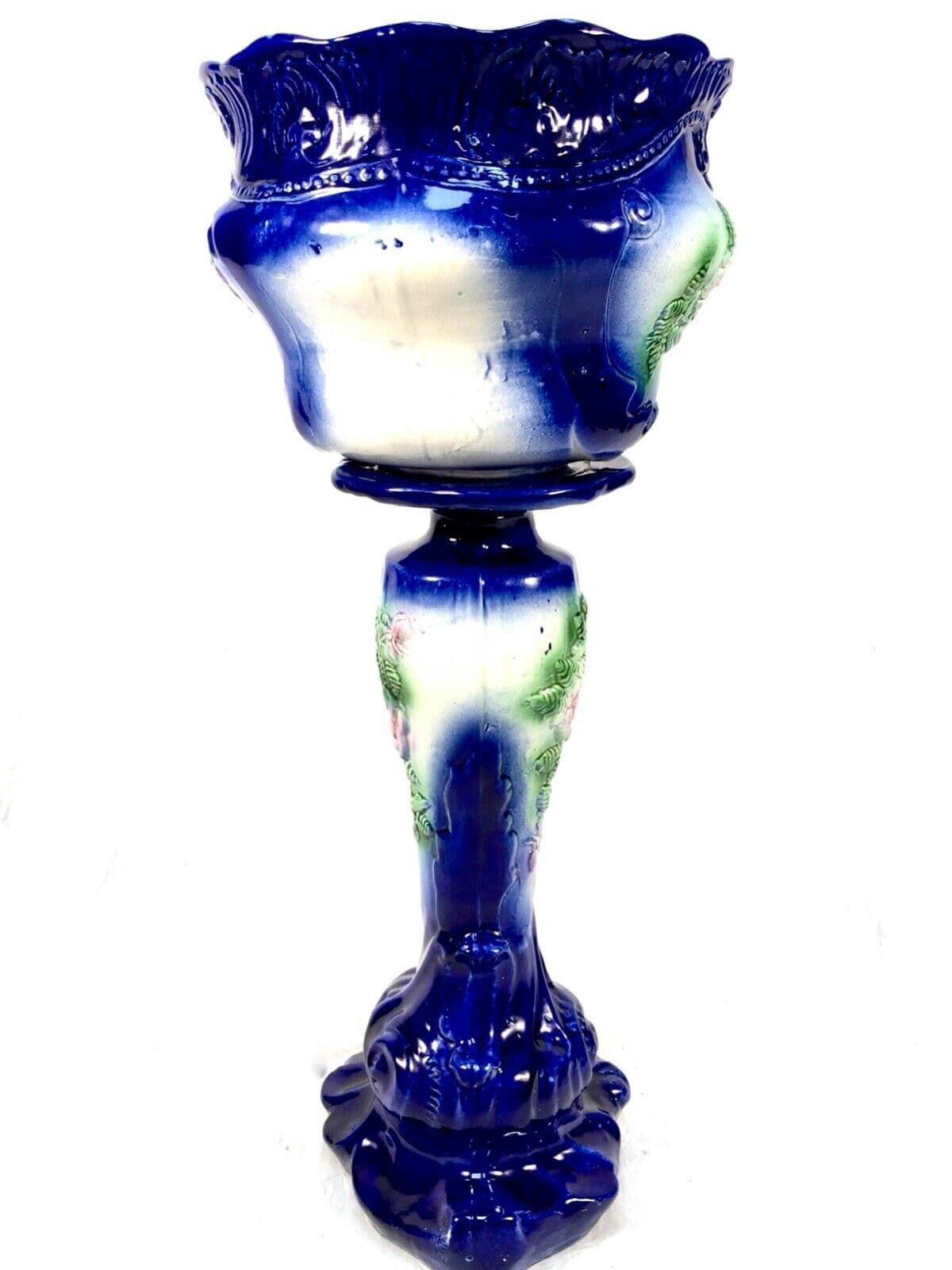 Antique Large Floor Standing Victorian Jardiniere & Stand C.1890 / Blue & White photo Home Decor