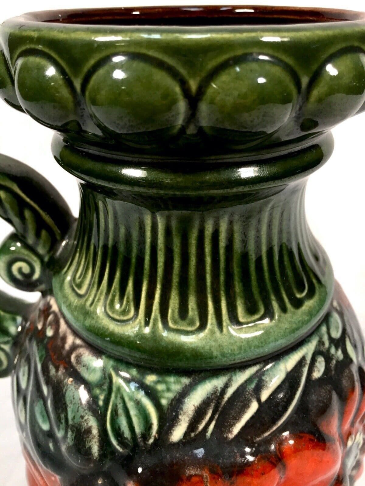 Vintage West German Pottery Vase / Jug / Green & Red / 1970s Retro photo Home Decor